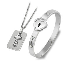 Hot sale Amazon love heart lock necklace and bracelets couple lady jewelry gift set stainless steel